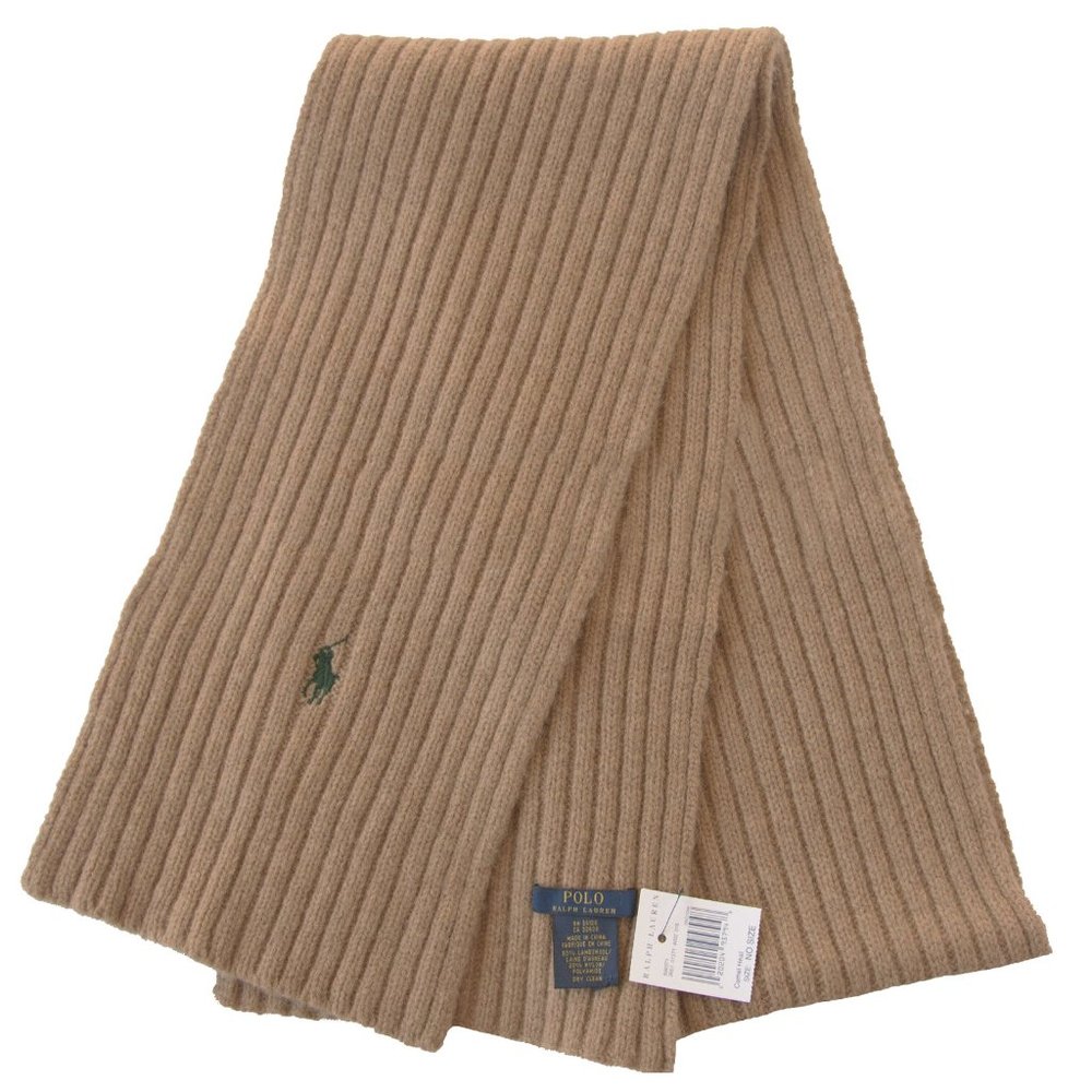 NEW Polo Ralph Lauren Ribbed Scarf! Tan With Green Signature Polo Player Wool